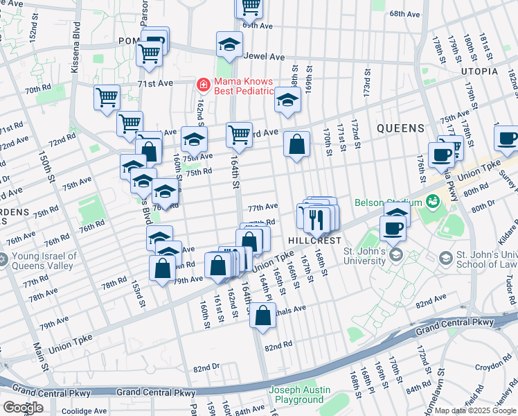 map of restaurants, bars, coffee shops, grocery stores, and more near 164-38 76th Road in Queens