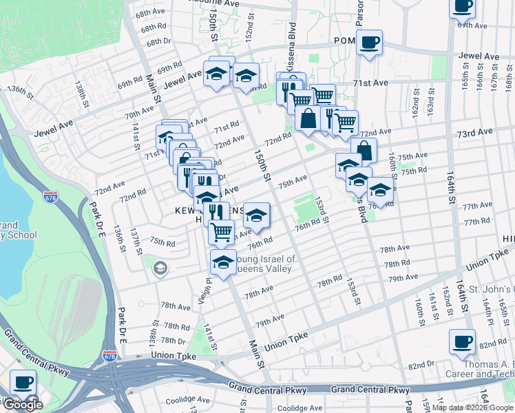 map of restaurants, bars, coffee shops, grocery stores, and more near 147-46 75th Avenue in Queens