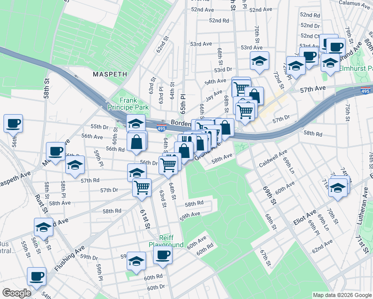 map of restaurants, bars, coffee shops, grocery stores, and more near 56-17 Remsen Place in Queens