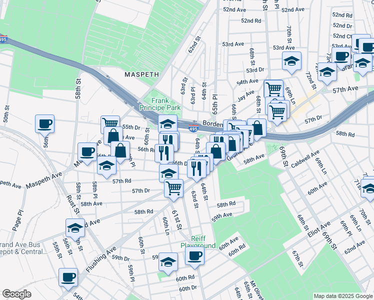 map of restaurants, bars, coffee shops, grocery stores, and more near 55-70 64th Street in Queens