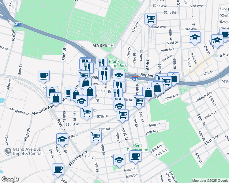 map of restaurants, bars, coffee shops, grocery stores, and more near 60-36 56th Avenue in Queens