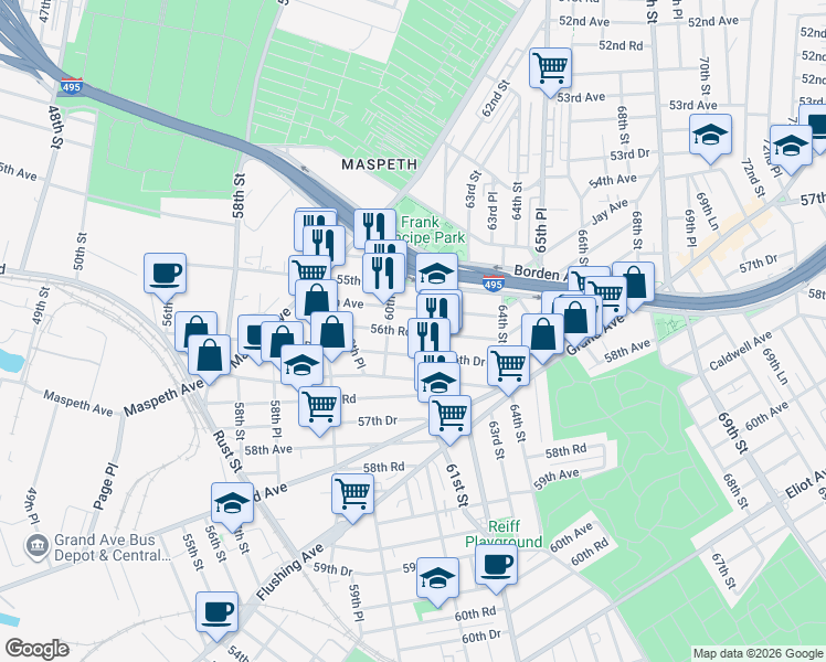 map of restaurants, bars, coffee shops, grocery stores, and more near 60-36 56th Avenue in Queens