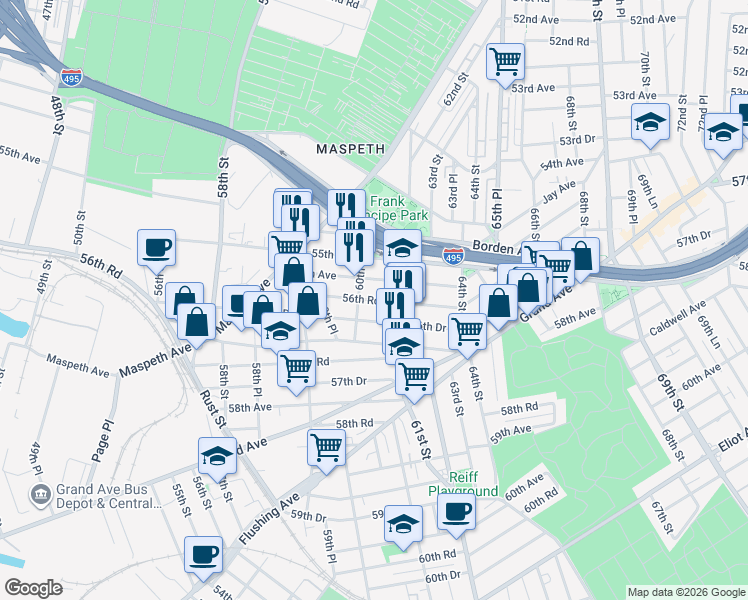 map of restaurants, bars, coffee shops, grocery stores, and more near 60-36 56th Avenue in Queens