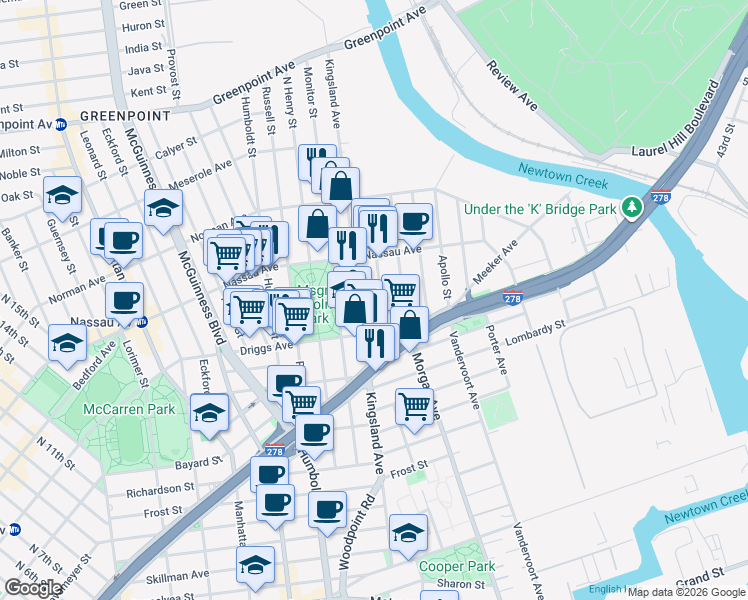map of restaurants, bars, coffee shops, grocery stores, and more near 61 Sutton Street in Brooklyn