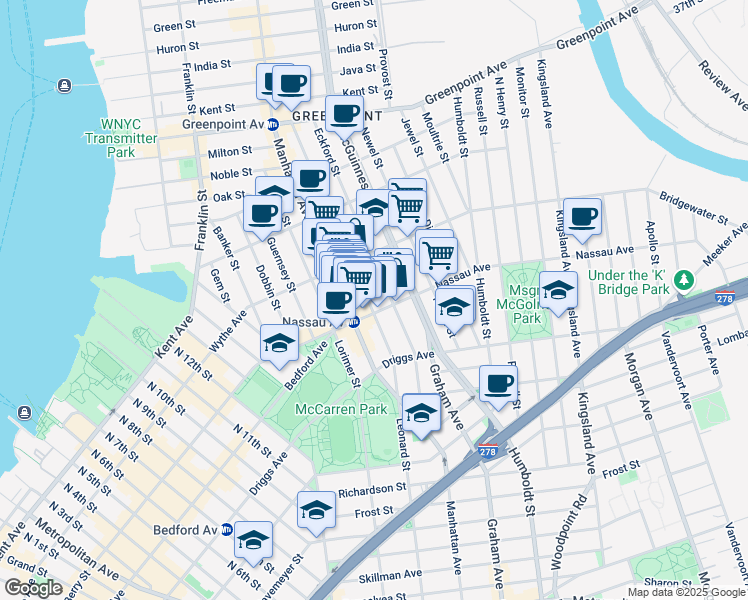 map of restaurants, bars, coffee shops, grocery stores, and more near 588 Leonard Street in Brooklyn