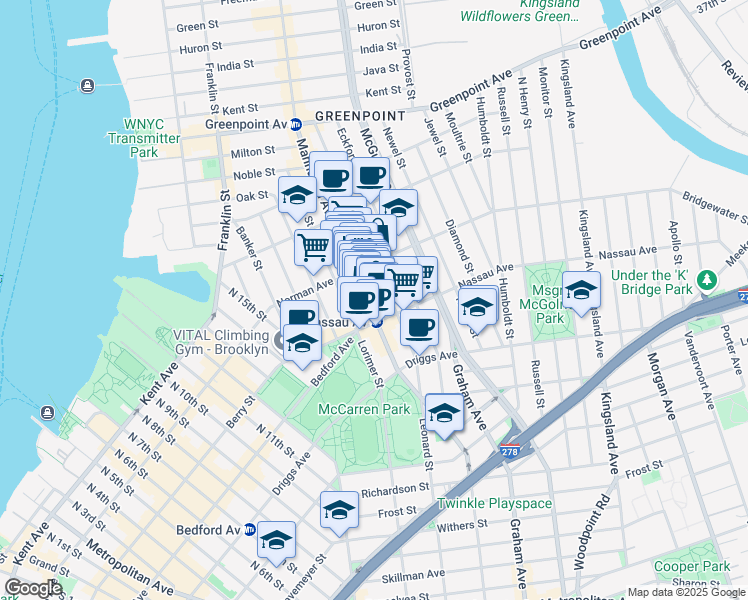 map of restaurants, bars, coffee shops, grocery stores, and more near 680 Manhattan Avenue in Brooklyn