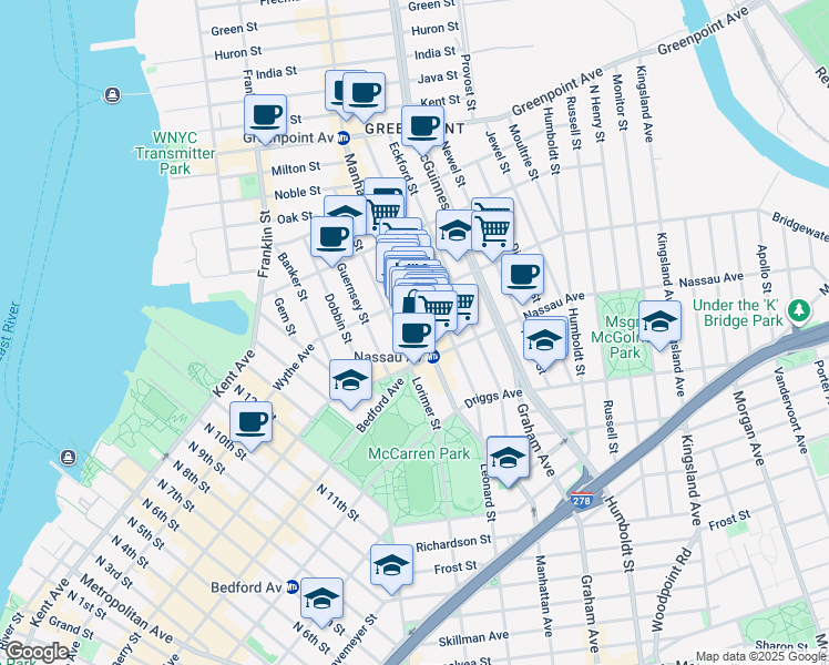 map of restaurants, bars, coffee shops, grocery stores, and more near 680 Manhattan Avenue in Brooklyn