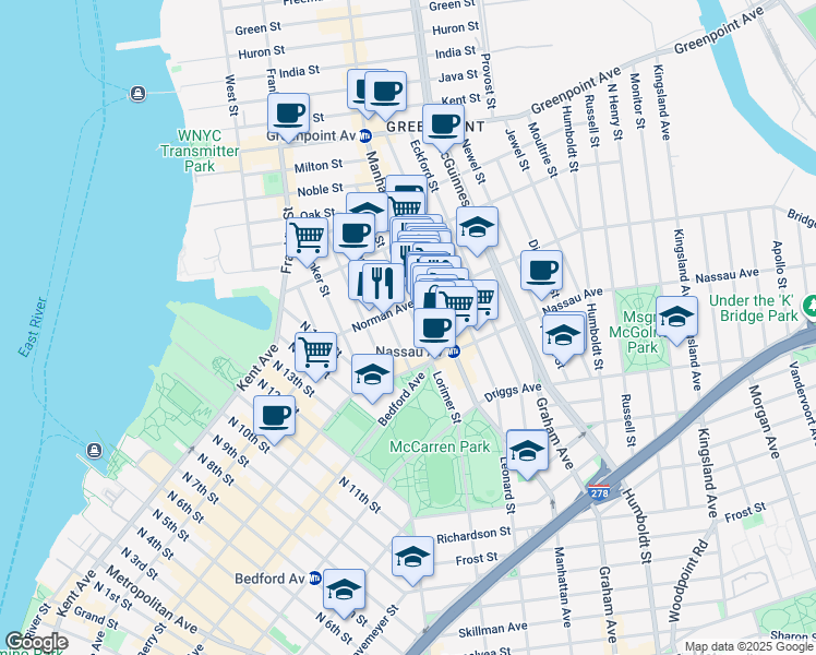 map of restaurants, bars, coffee shops, grocery stores, and more near 62 Norman Avenue in Brooklyn