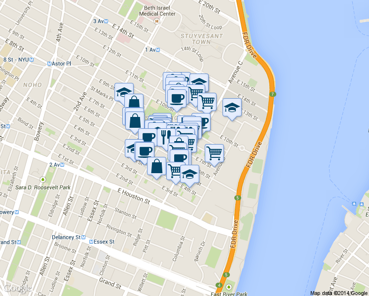 map of restaurants, bars, coffee shops, grocery stores, and more near 200 East 7th Street in New York