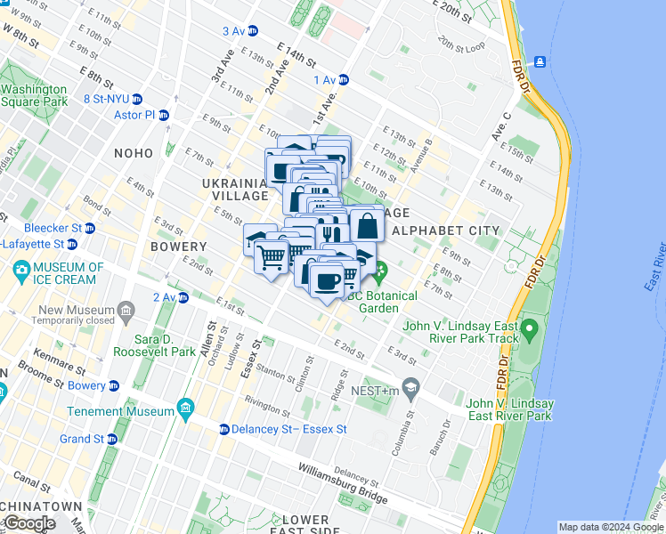 map of restaurants, bars, coffee shops, grocery stores, and more near 518 East 6th Street in New York