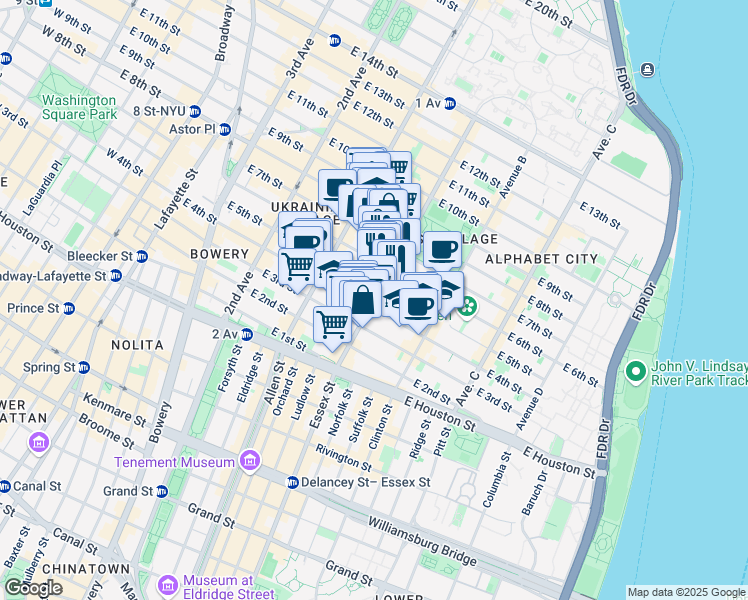 map of restaurants, bars, coffee shops, grocery stores, and more near 79 Avenue A in New York