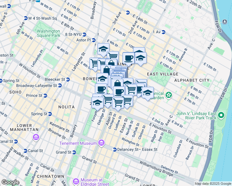 map of restaurants, bars, coffee shops, grocery stores, and more near 57 1st Avenue in New York