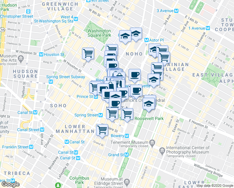 map of restaurants, bars, coffee shops, grocery stores, and more near 324-328 Lafayette Street in New York