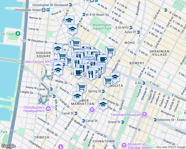 map of restaurants, bars, coffee shops, grocery stores, and more near 110 Prince Street in New York