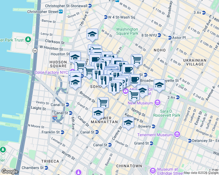 map of restaurants, bars, coffee shops, grocery stores, and more near 112 Prince Street in New York
