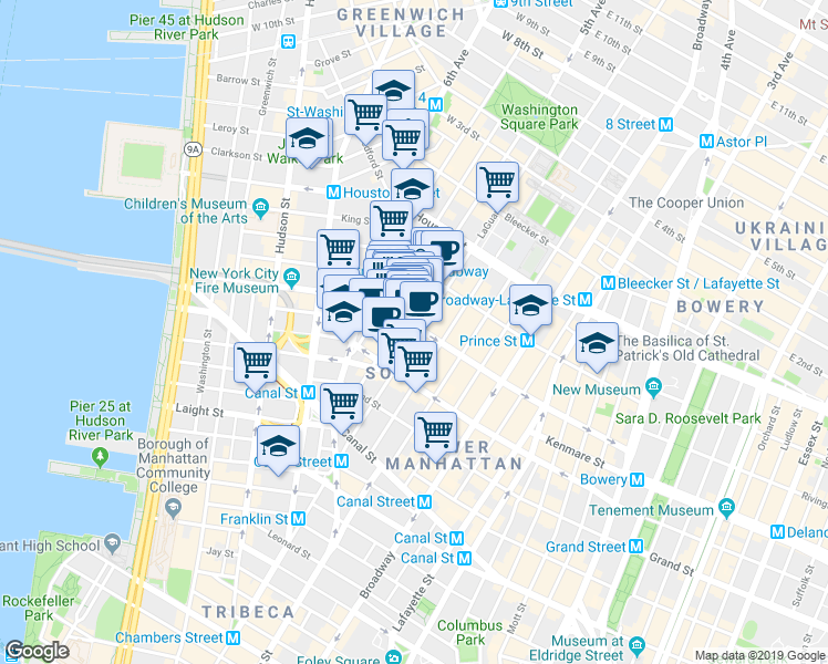 map of restaurants, bars, coffee shops, grocery stores, and more near in New York