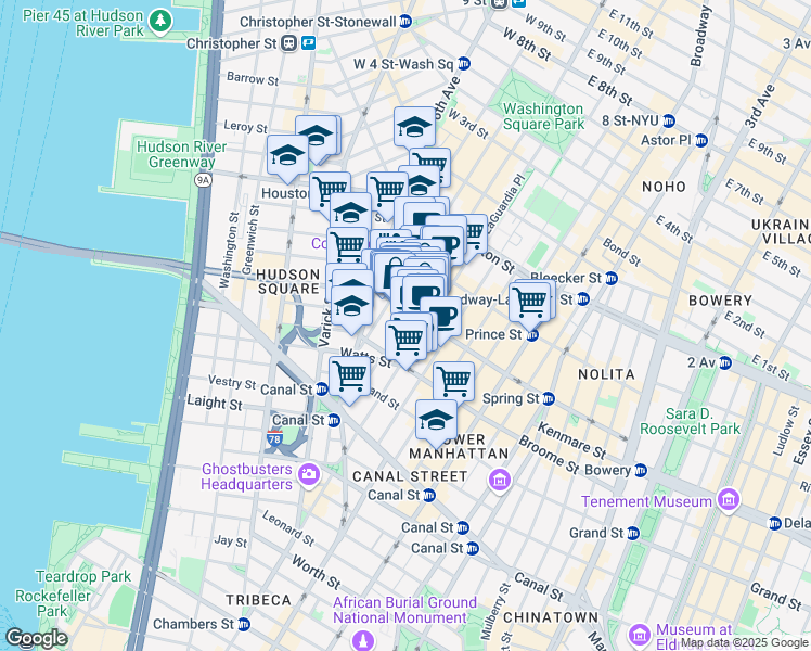 map of restaurants, bars, coffee shops, grocery stores, and more near 408 West Broadway in New York