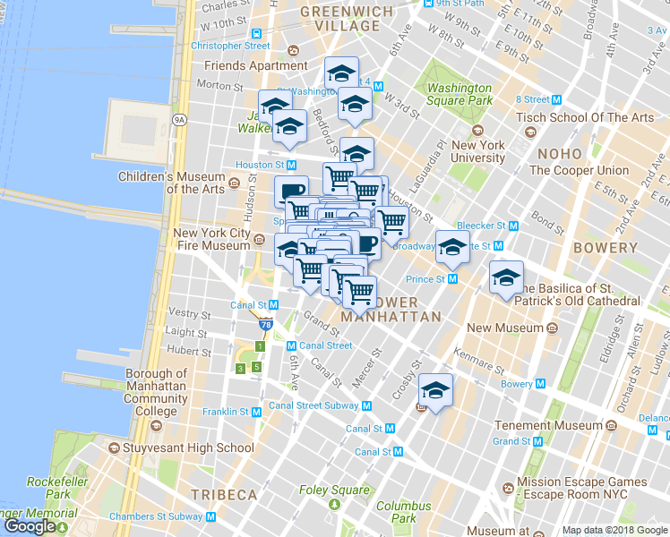 map of restaurants, bars, coffee shops, grocery stores, and more near 126 6th Avenue in New York