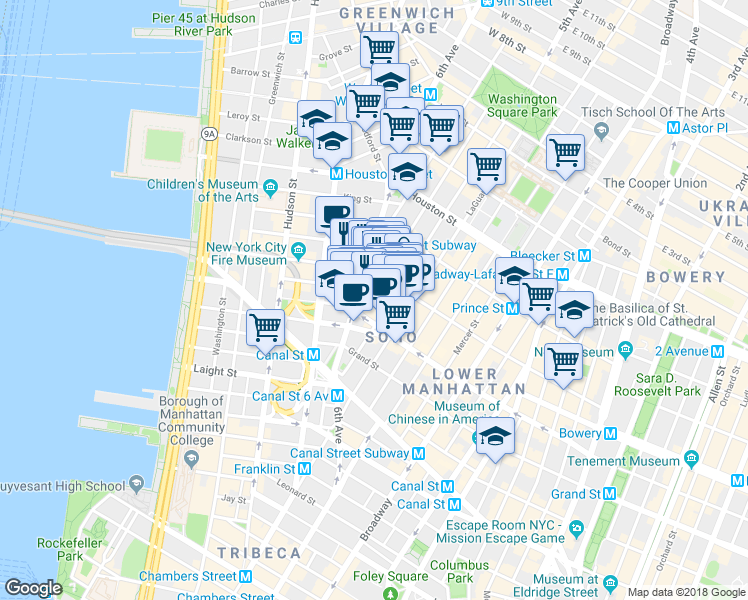 map of restaurants, bars, coffee shops, grocery stores, and more near in New York