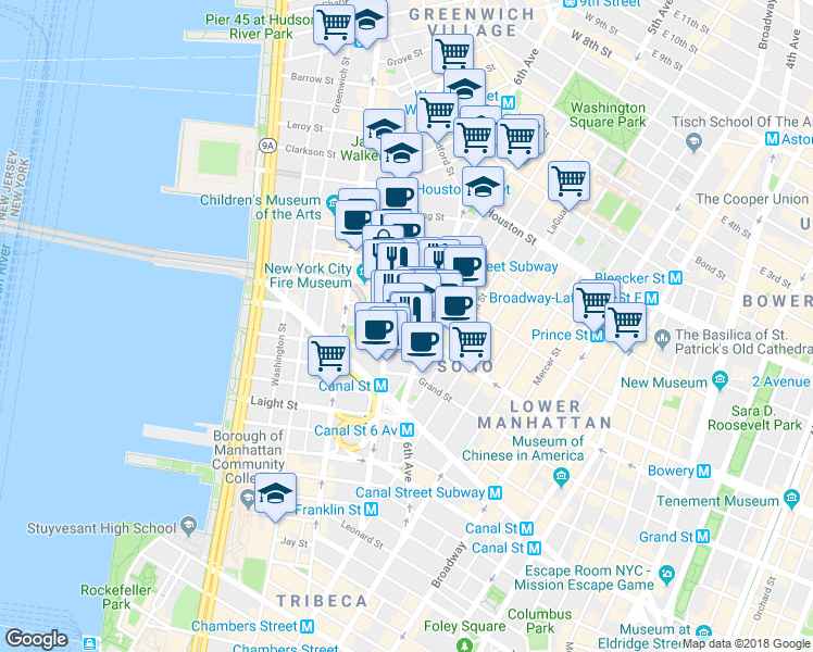map of restaurants, bars, coffee shops, grocery stores, and more near 122 Varick Street in New York