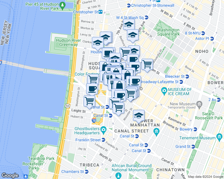 map of restaurants, bars, coffee shops, grocery stores, and more near 122 Varick Street in New York
