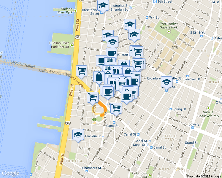 map of restaurants, bars, coffee shops, grocery stores, and more near 122 Varick Street in New York