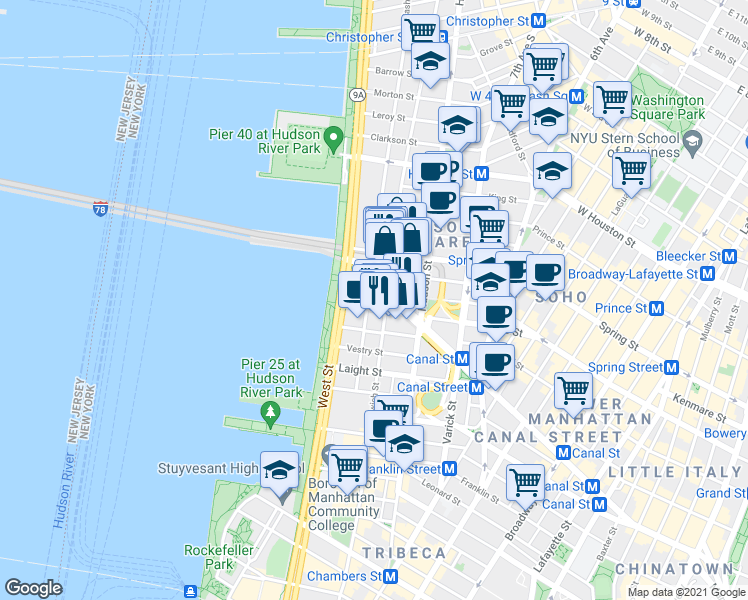 map of restaurants, bars, coffee shops, grocery stores, and more near 471 Washington Street in New York