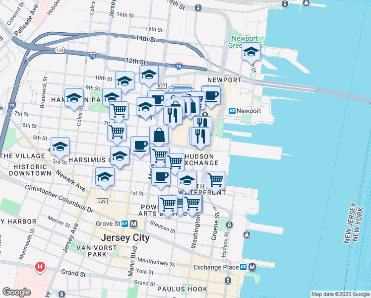 map of restaurants, bars, coffee shops, grocery stores, and more near 10 Mall Drive East in Jersey City