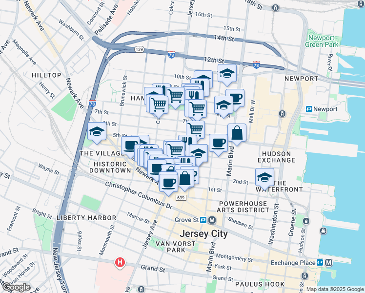 map of restaurants, bars, coffee shops, grocery stores, and more near 246 5th Street in Jersey City