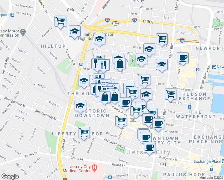 map of restaurants, bars, coffee shops, grocery stores, and more near 437 Monmouth Street in Jersey City