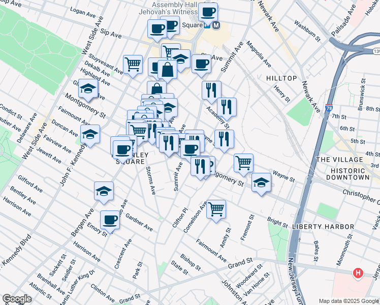 map of restaurants, bars, coffee shops, grocery stores, and more near 493 Mercer Street in Jersey City