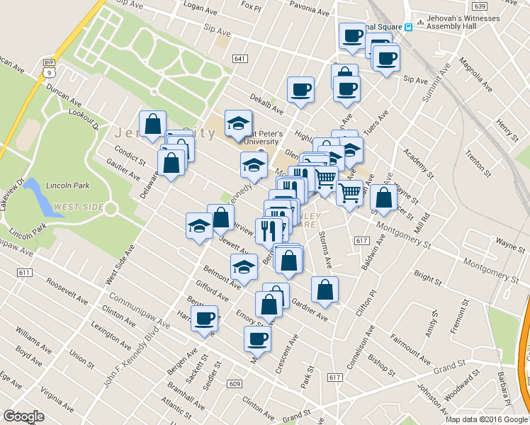 map of restaurants, bars, coffee shops, grocery stores, and more near 333 Fairmount Avenue in Jersey City