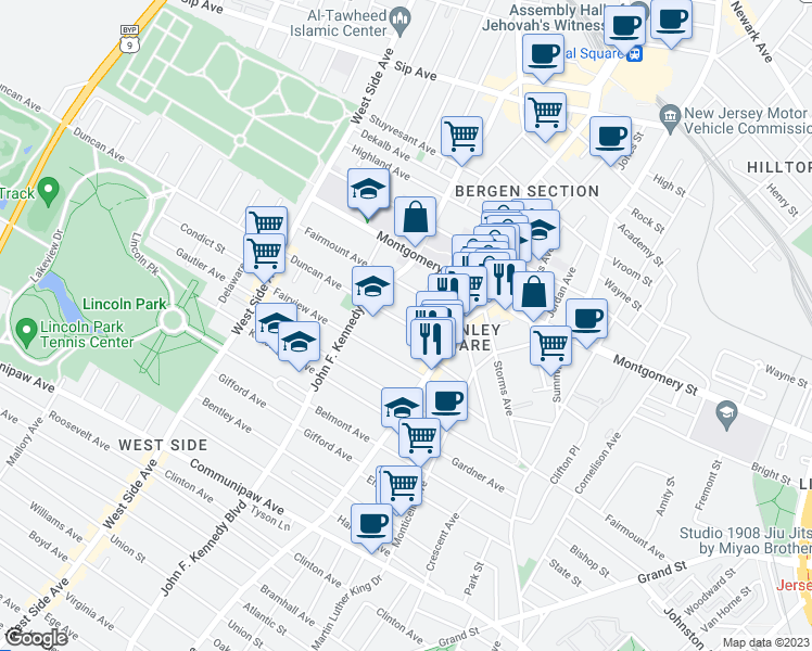 map of restaurants, bars, coffee shops, grocery stores, and more near 333 Fairmount Avenue in Jersey City