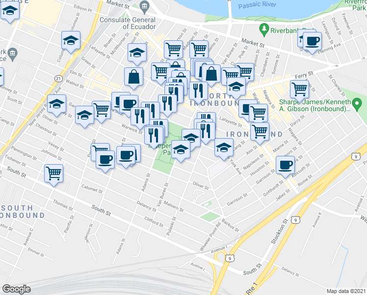 map of restaurants, bars, coffee shops, grocery stores, and more near 220 Van Buren Street in Newark