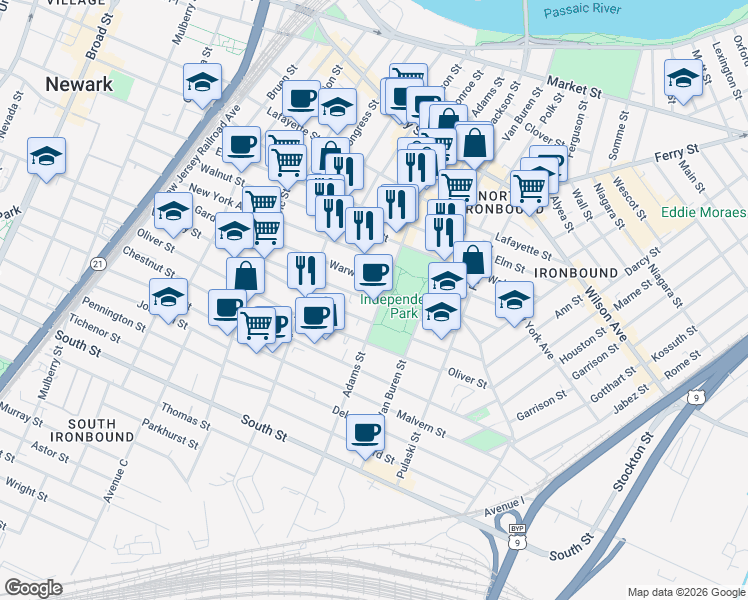 map of restaurants, bars, coffee shops, grocery stores, and more near in Newark
