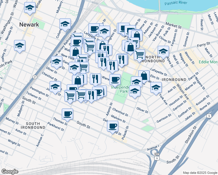 map of restaurants, bars, coffee shops, grocery stores, and more near 81 Nichols Street in Newark