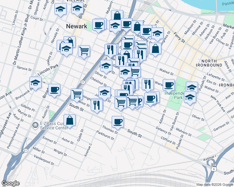 map of restaurants, bars, coffee shops, grocery stores, and more near 156 Chestnut Street in Newark