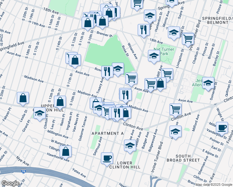 map of restaurants, bars, coffee shops, grocery stores, and more near 14 Seymour Avenue in Newark