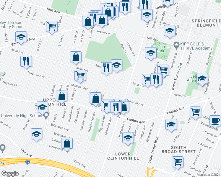 map of restaurants, bars, coffee shops, grocery stores, and more near 15 Farley Avenue in Newark