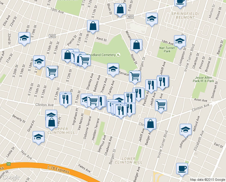 map of restaurants, bars, coffee shops, grocery stores, and more near 15 Farley Avenue in Newark