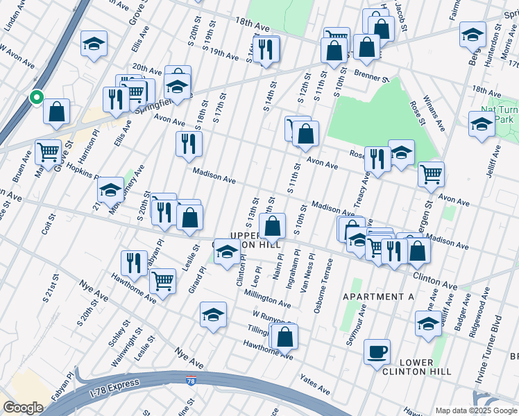 map of restaurants, bars, coffee shops, grocery stores, and more near 831 South 13th Street in Newark