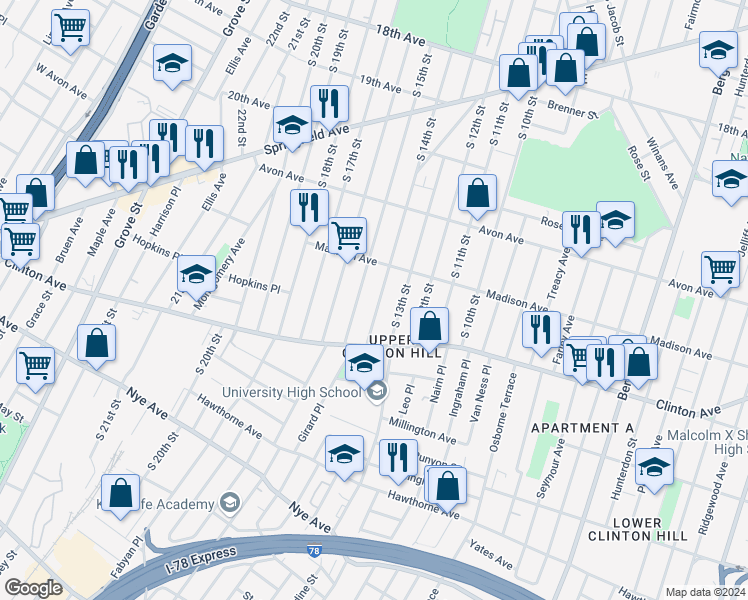 map of restaurants, bars, coffee shops, grocery stores, and more near 844 South 15th Street in Newark