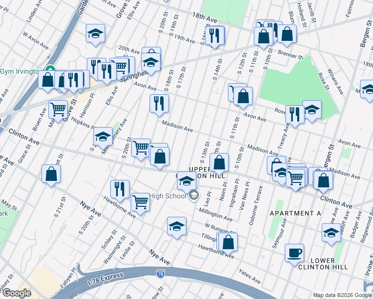 map of restaurants, bars, coffee shops, grocery stores, and more near 844 South 15th Street in Newark