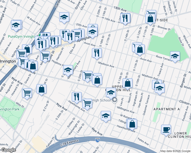 map of restaurants, bars, coffee shops, grocery stores, and more near 896 South 18th Street in Newark