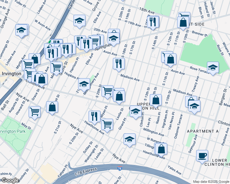 map of restaurants, bars, coffee shops, grocery stores, and more near 896 South 18th Street in Newark