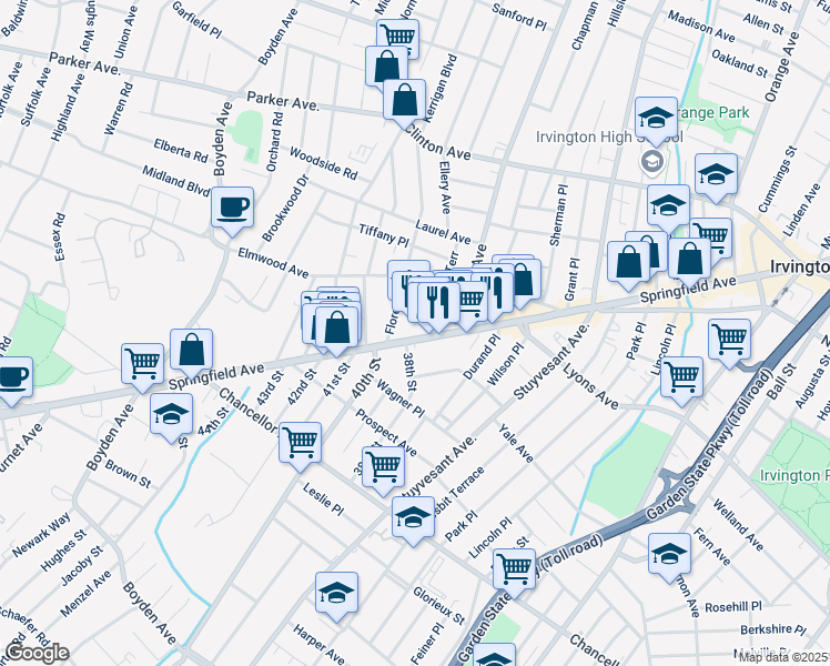 map of restaurants, bars, coffee shops, grocery stores, and more near 1324 Springfield Avenue in Irvington