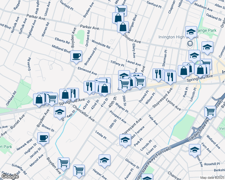map of restaurants, bars, coffee shops, grocery stores, and more near 26 Headley Terrace in Irvington