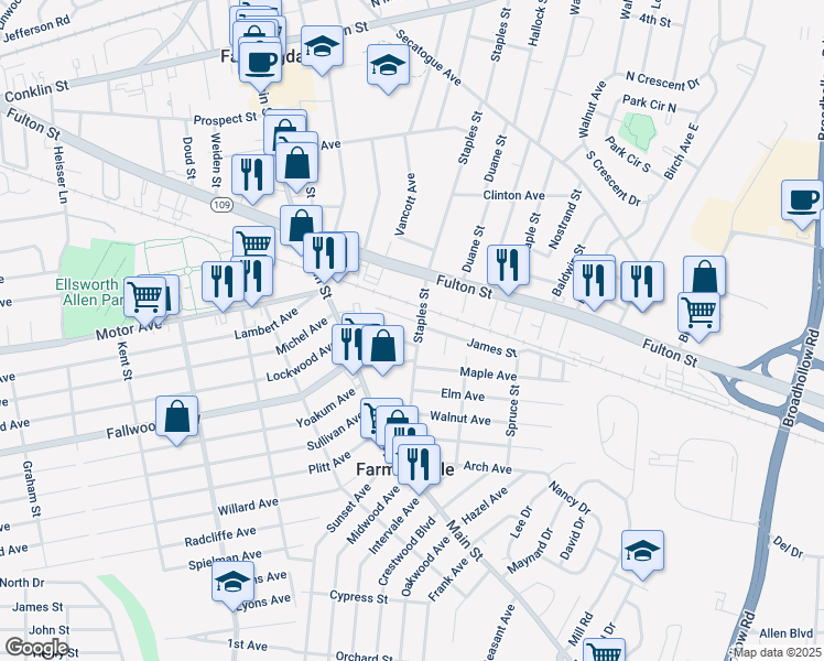 map of restaurants, bars, coffee shops, grocery stores, and more near 105 James Street in Farmingdale