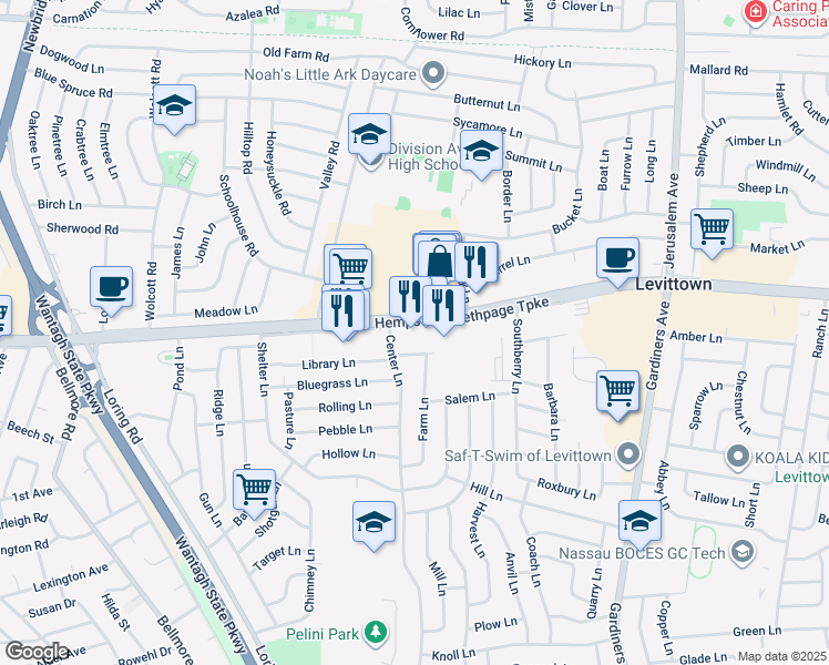 map of restaurants, bars, coffee shops, grocery stores, and more near 3026 Hempstead Turnpike in Levittown