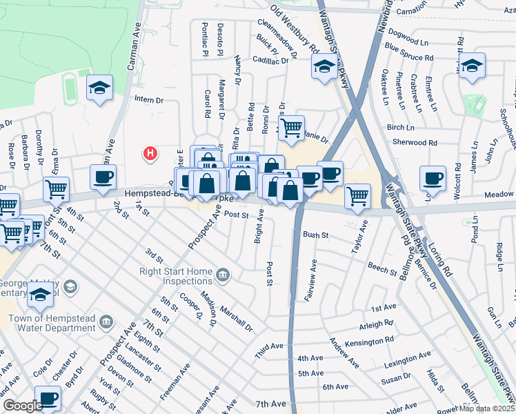 map of restaurants, bars, coffee shops, grocery stores, and more near 2411 Hempstead Turnpike in East Meadow